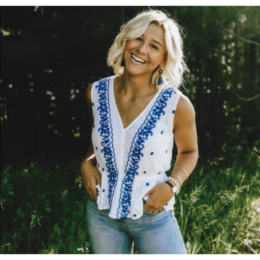 Embroidered White and Blue Peplum Top